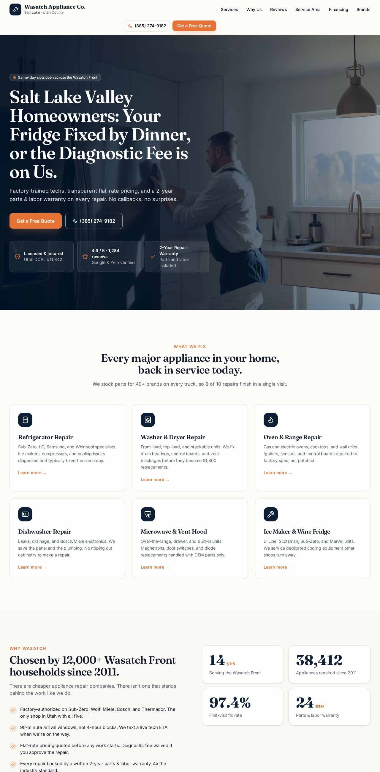 Homepage of Wasatch Appliance Co. website