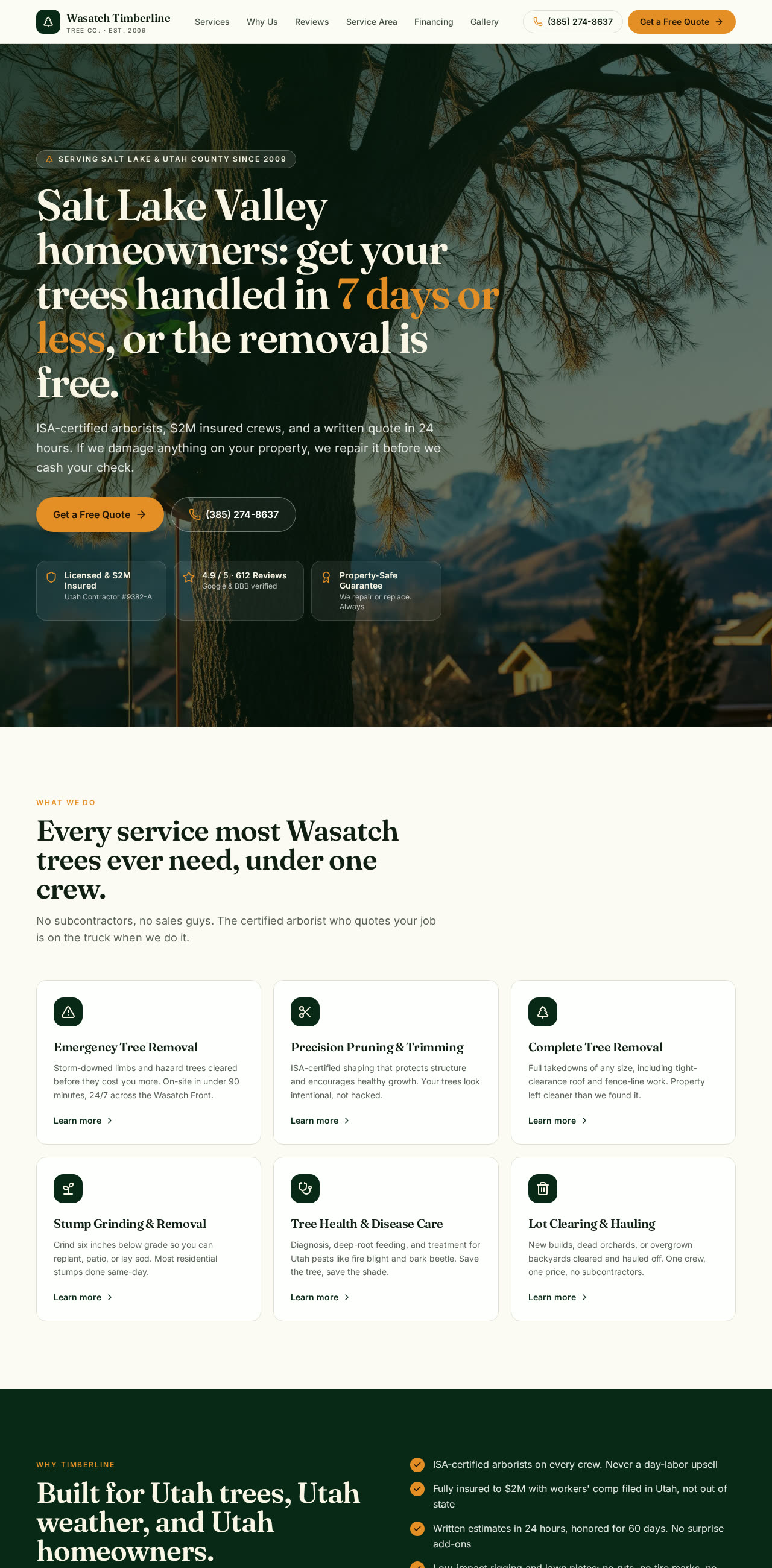 Homepage of Wasatch Timberline Tree Co. website