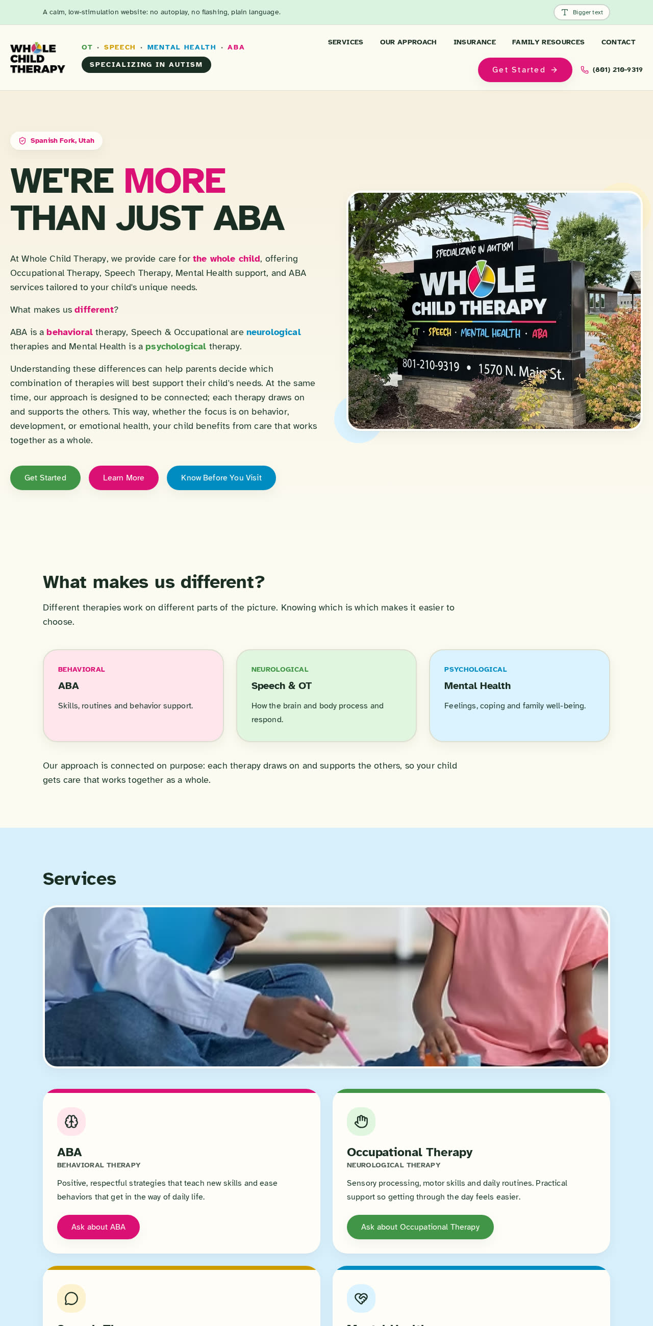 Homepage of Whole Child Therapy website