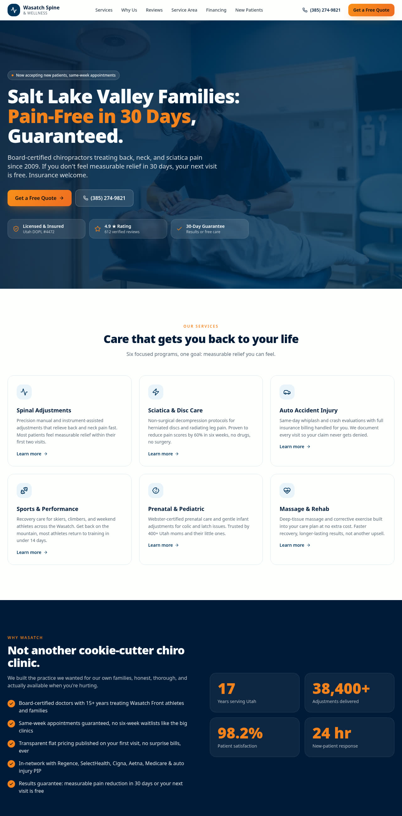 Homepage of Wasatch Spine & Wellness website