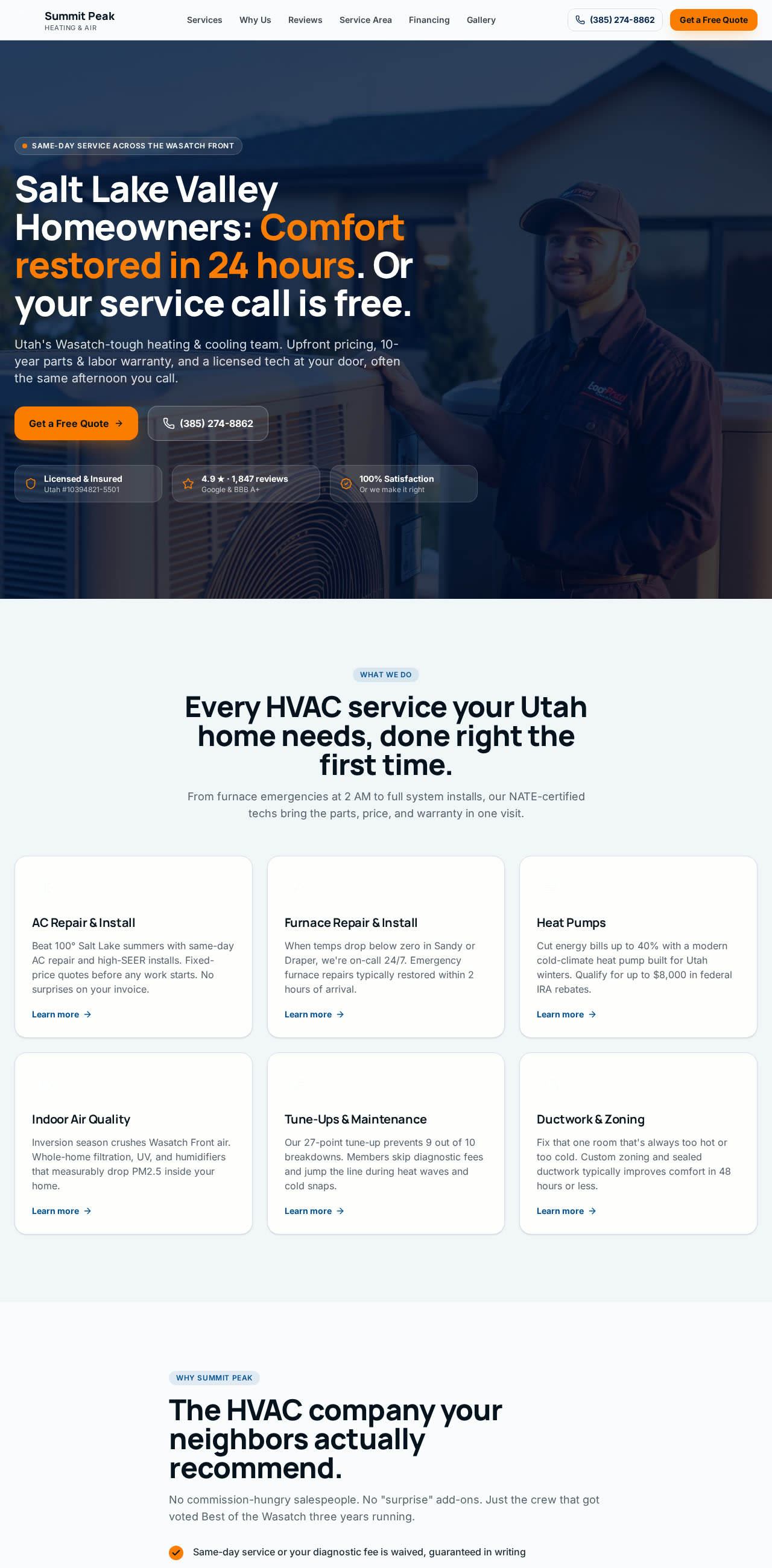 Homepage of Summit Peak Heating & Air website