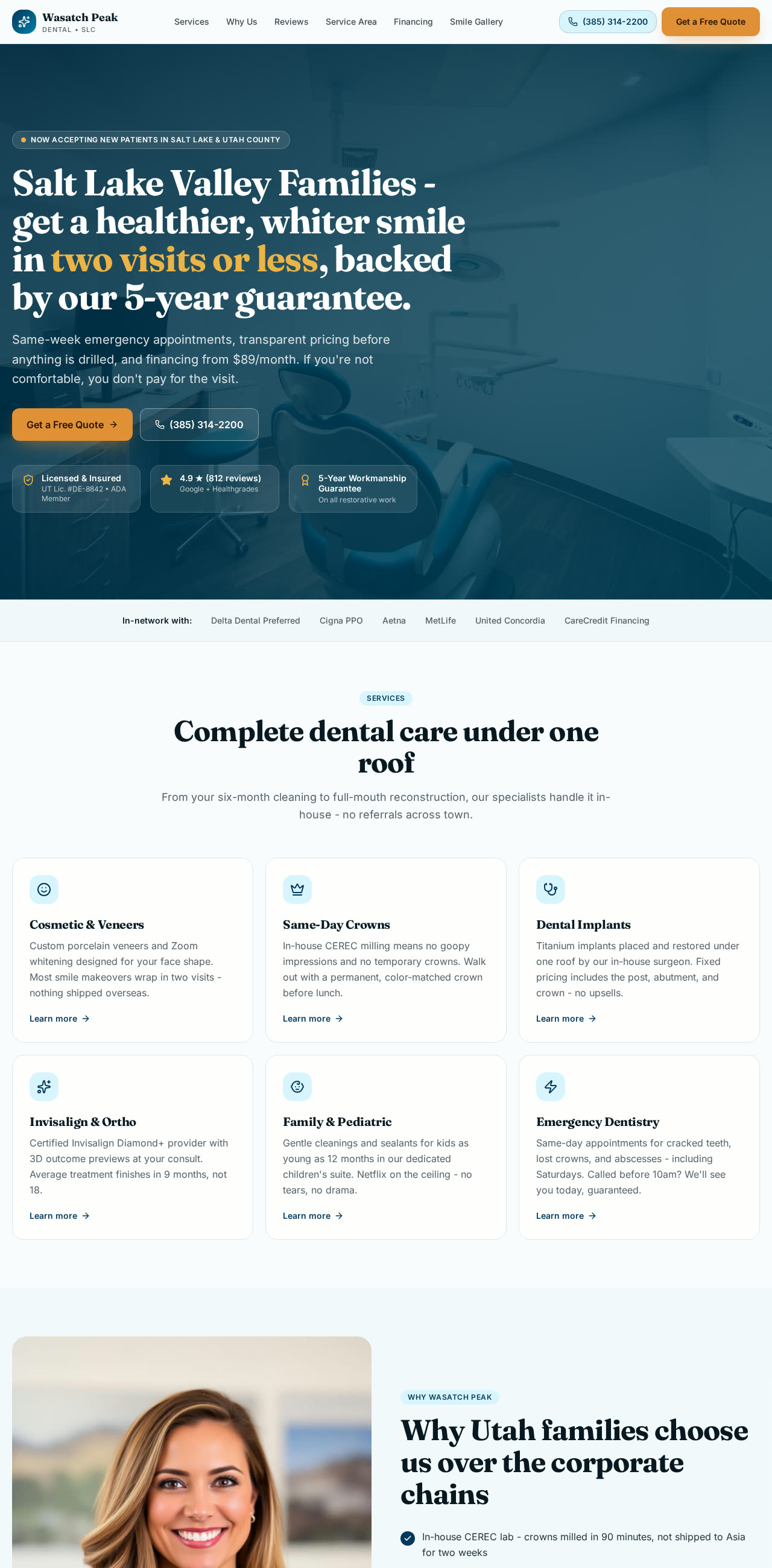 Homepage of Wasatch Peak Dental website