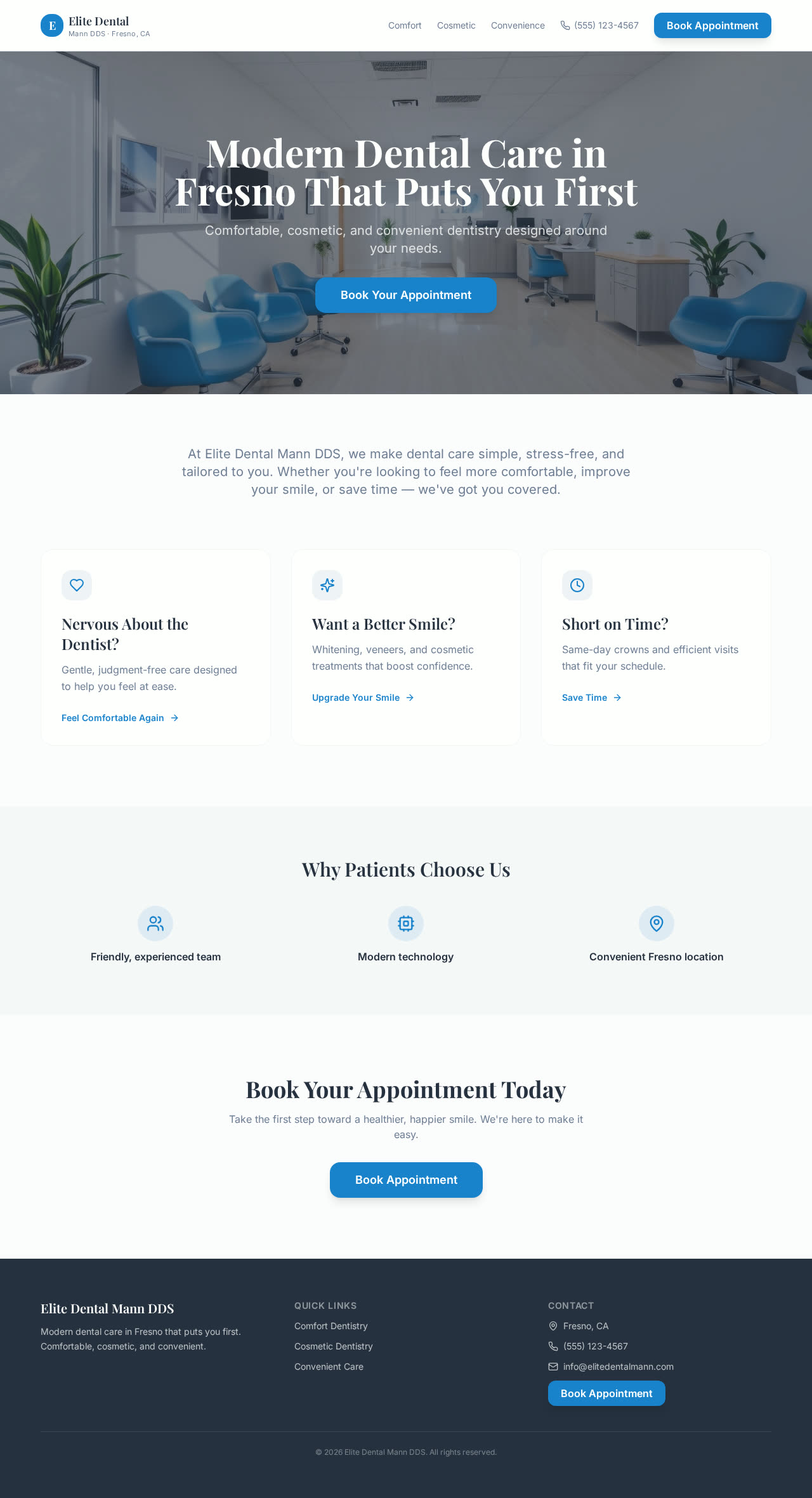 Homepage of Elite Dental Mann DDS website