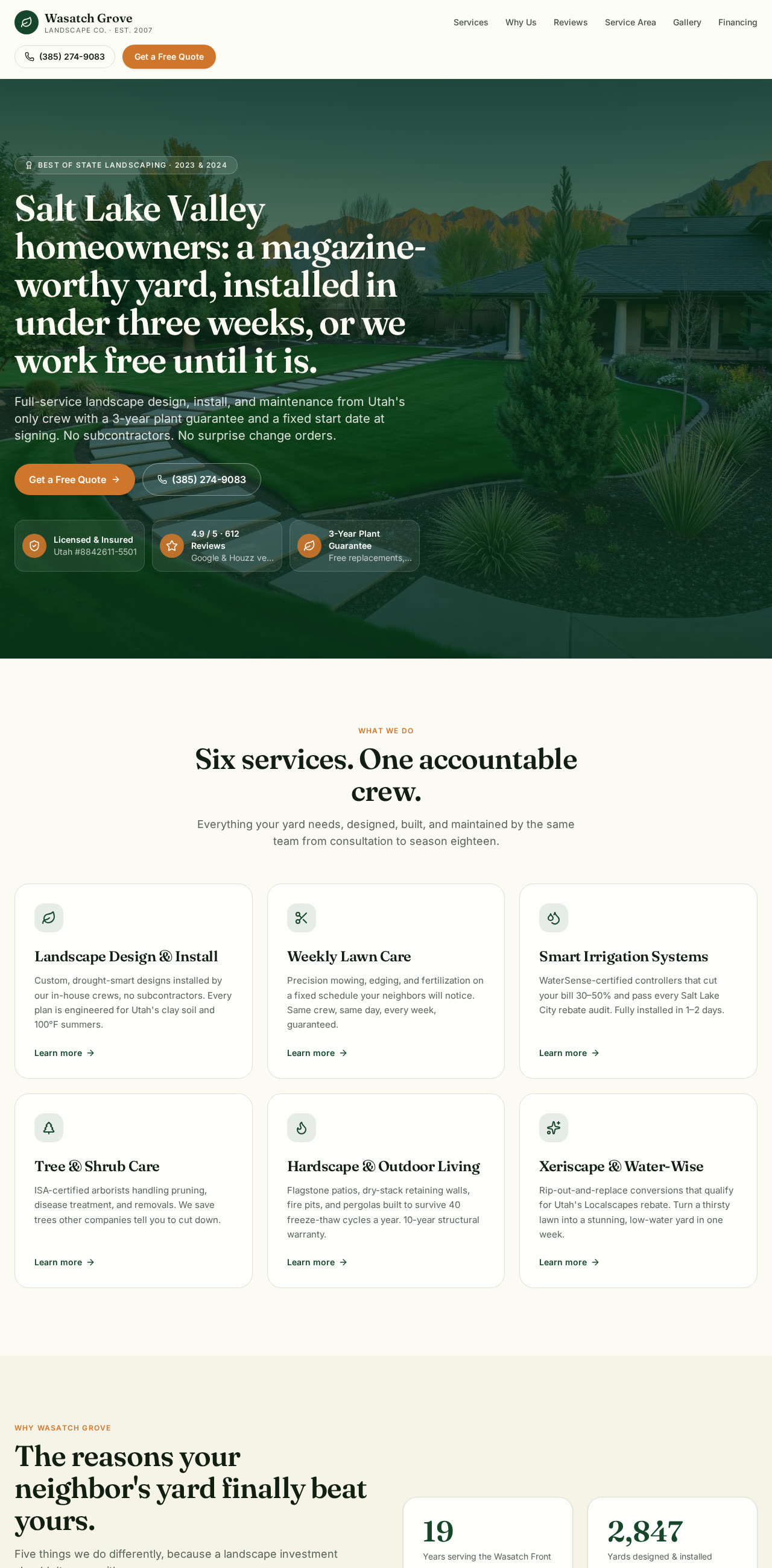Homepage of Wasatch Grove Landscape Co. website