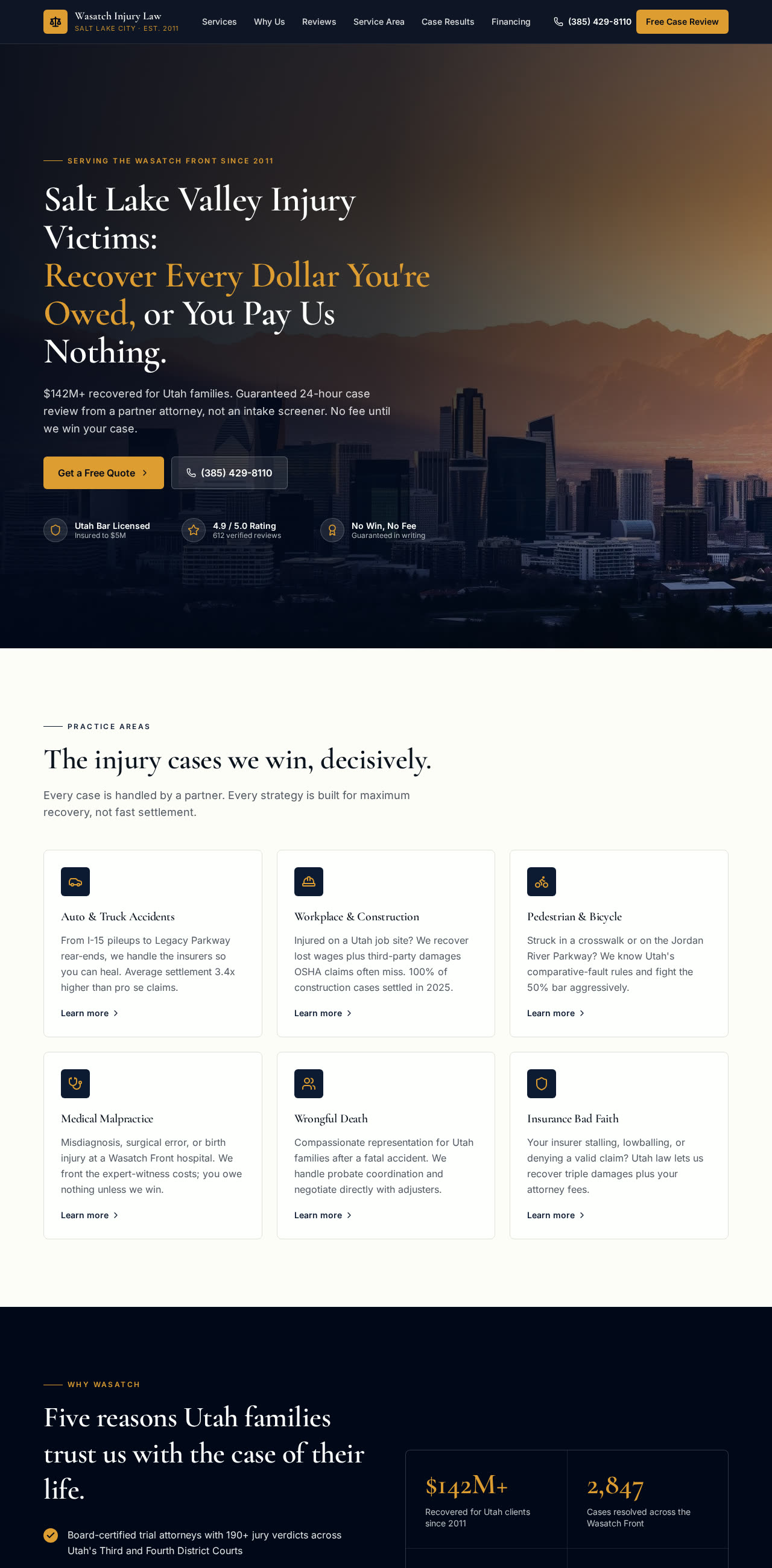 Homepage of Wasatch Injury Law website