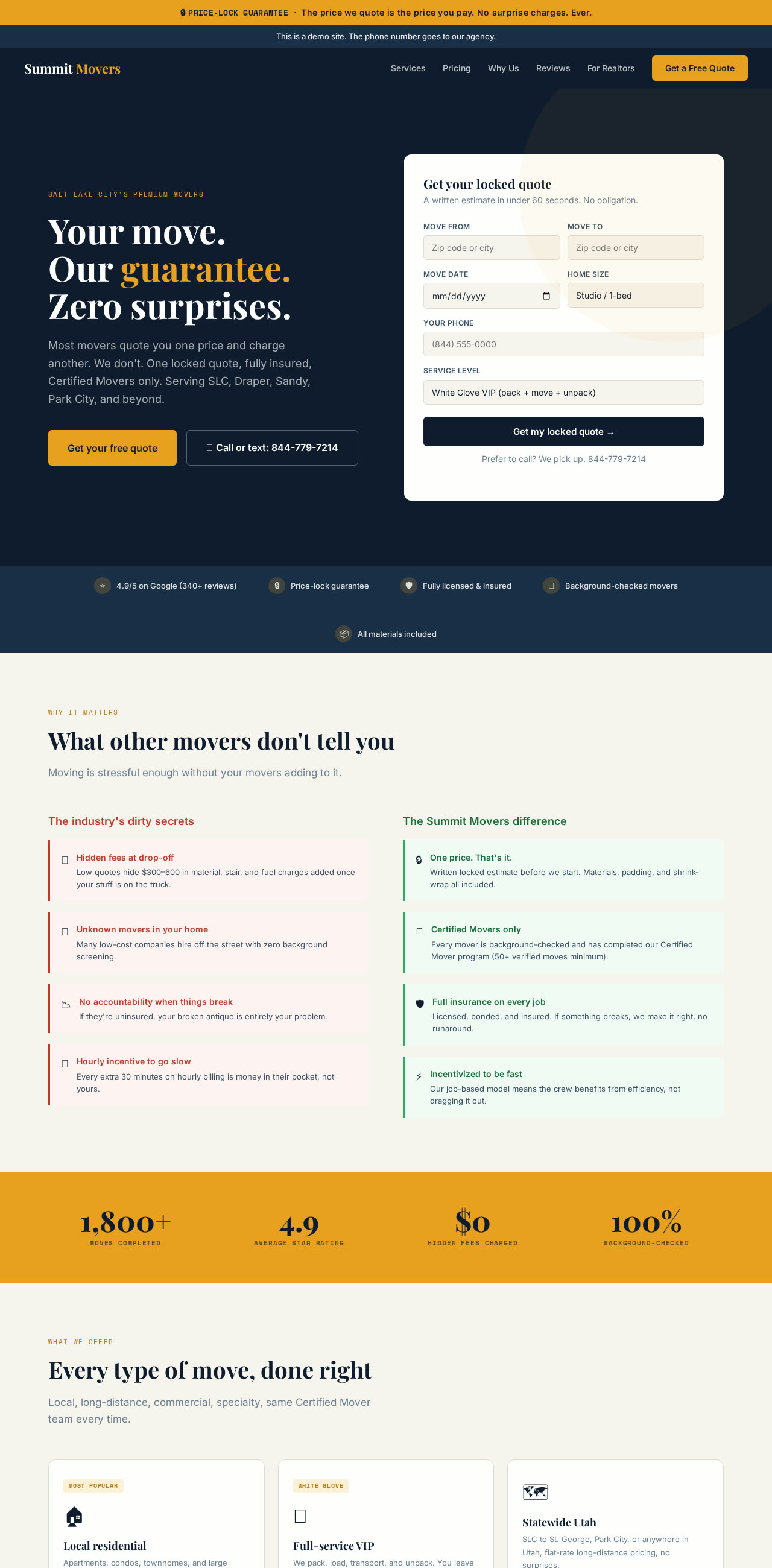 Homepage of Summit Movers SLC website
