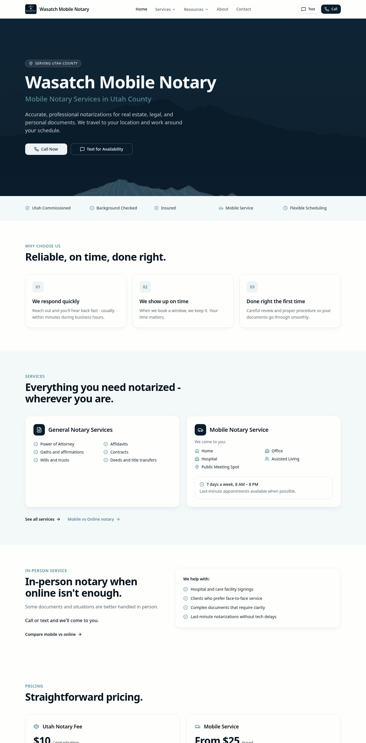 Homepage of Wasatch Mobile Notary website