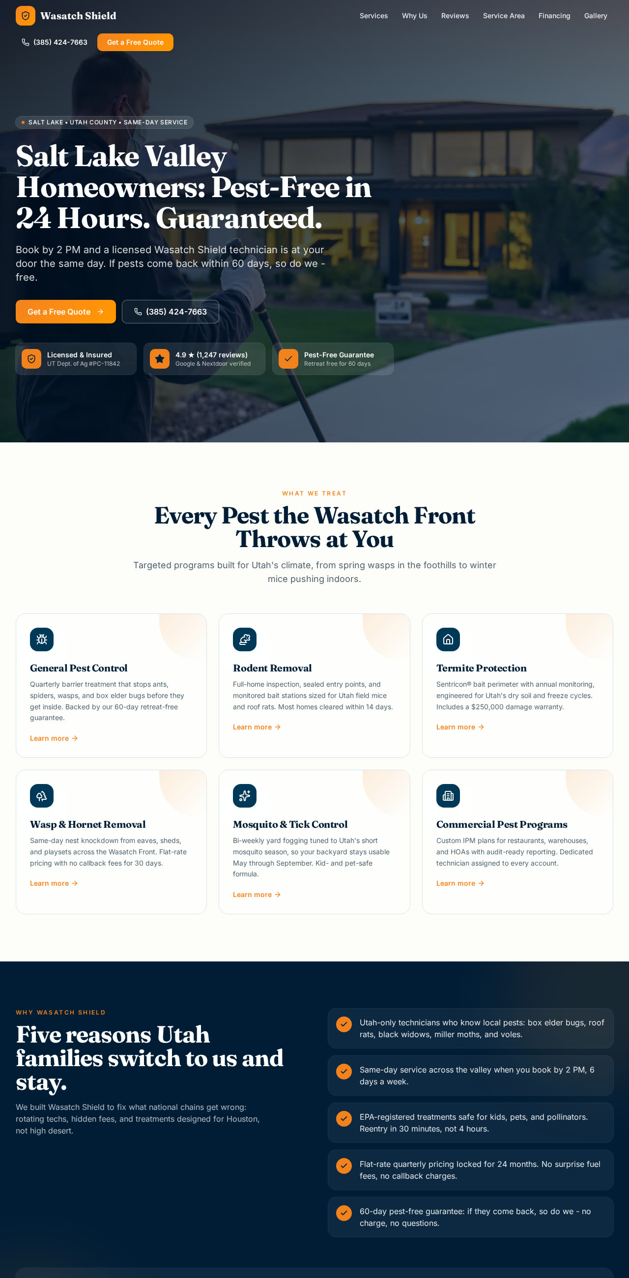 Homepage of Wasatch Shield Pest Defense website