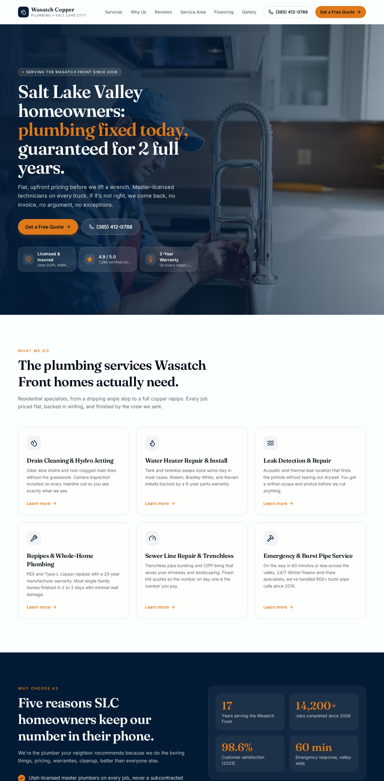 Homepage of Wasatch Copper Plumbing website