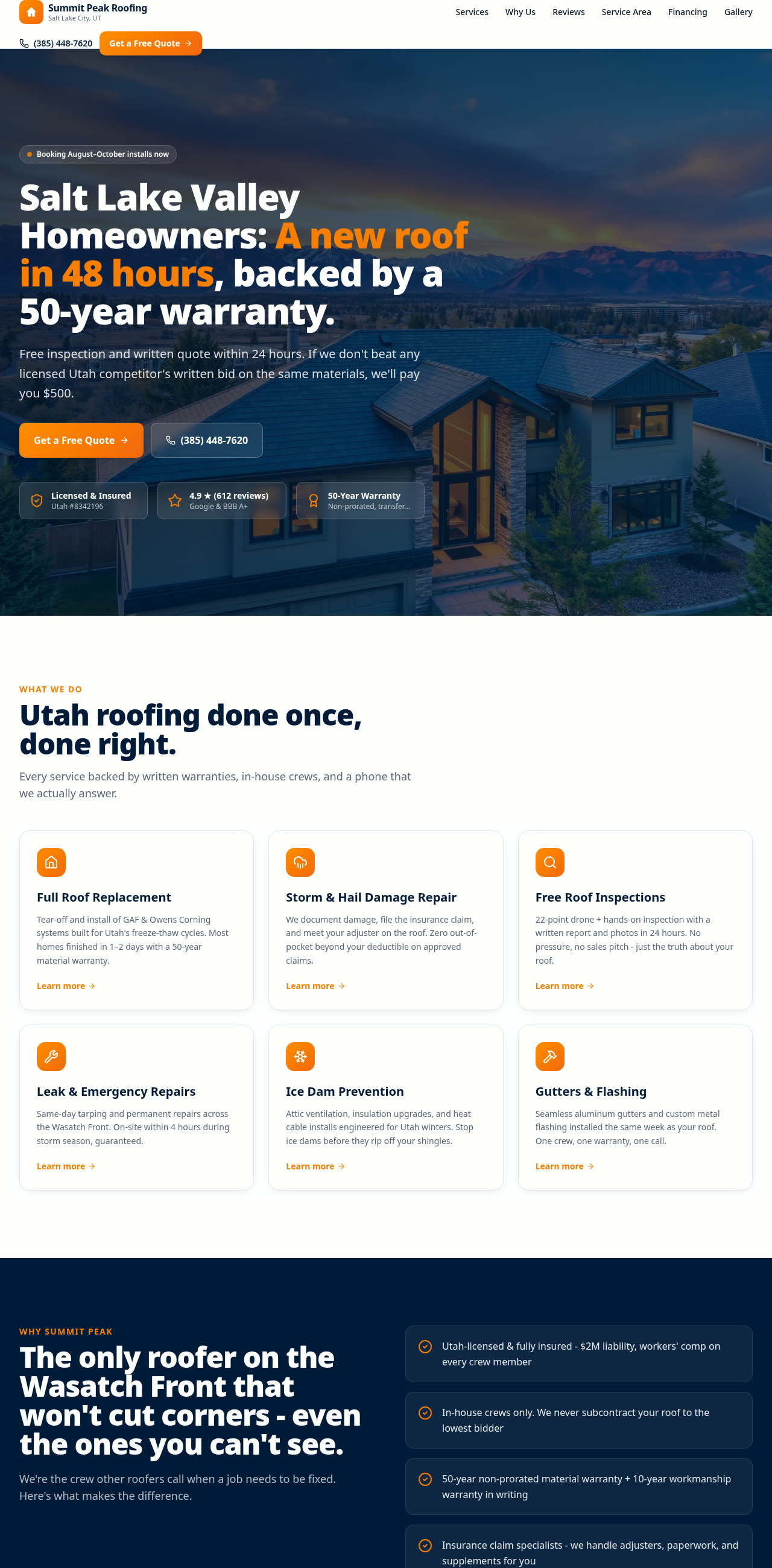 Homepage of Summit Peak Roofing website