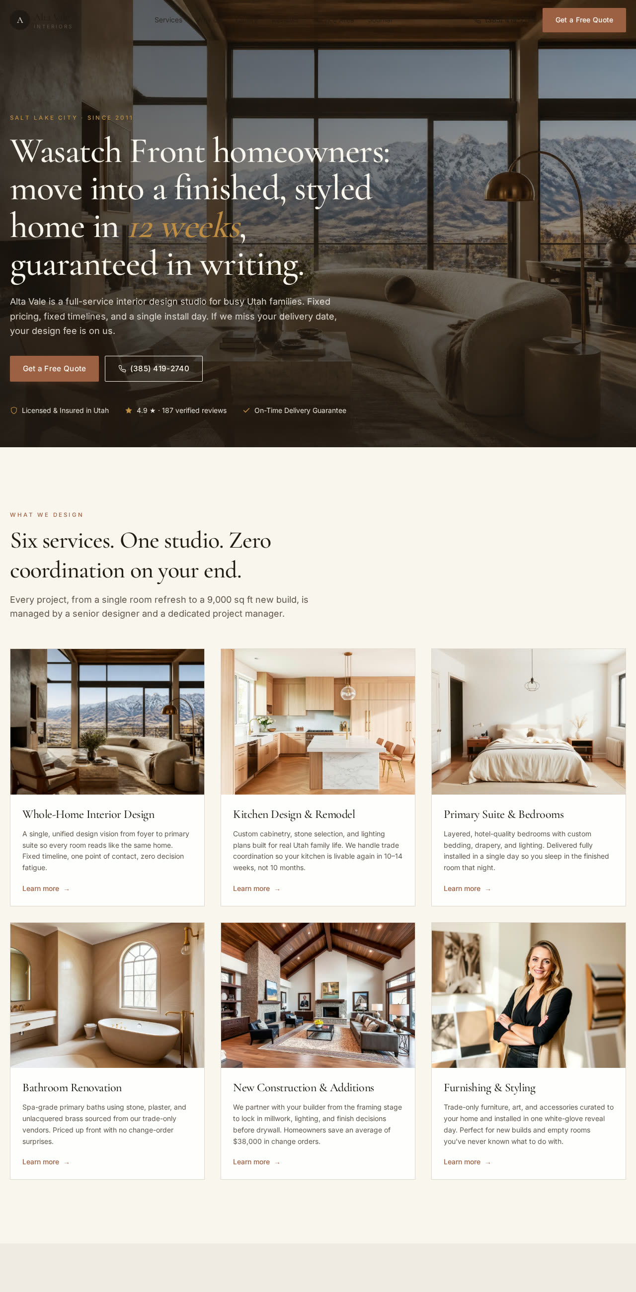 Homepage of Alta Vale Interiors website