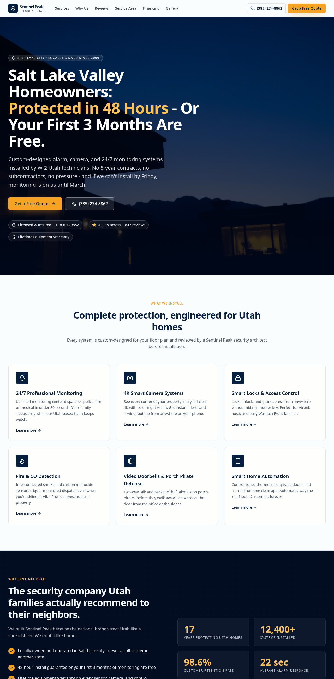 Homepage of Sentinel Peak Security website