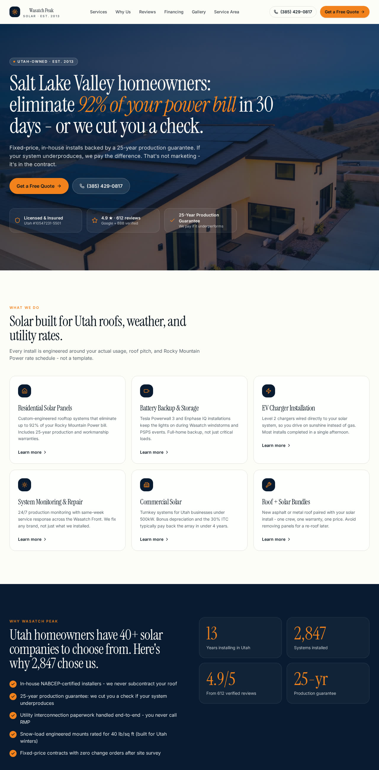 Homepage of Wasatch Peak Solar website