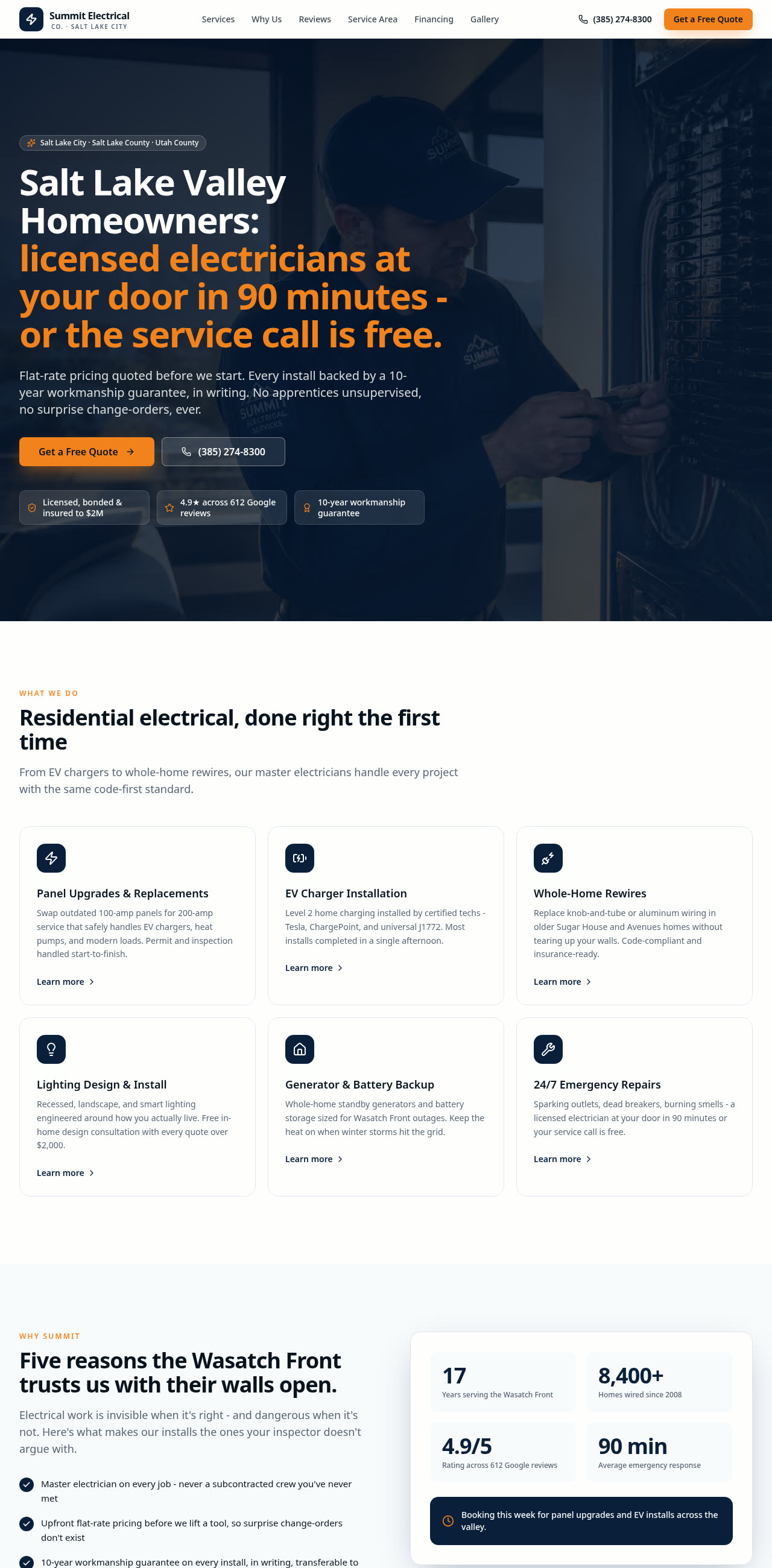 Homepage of Summit Electrical Co. website