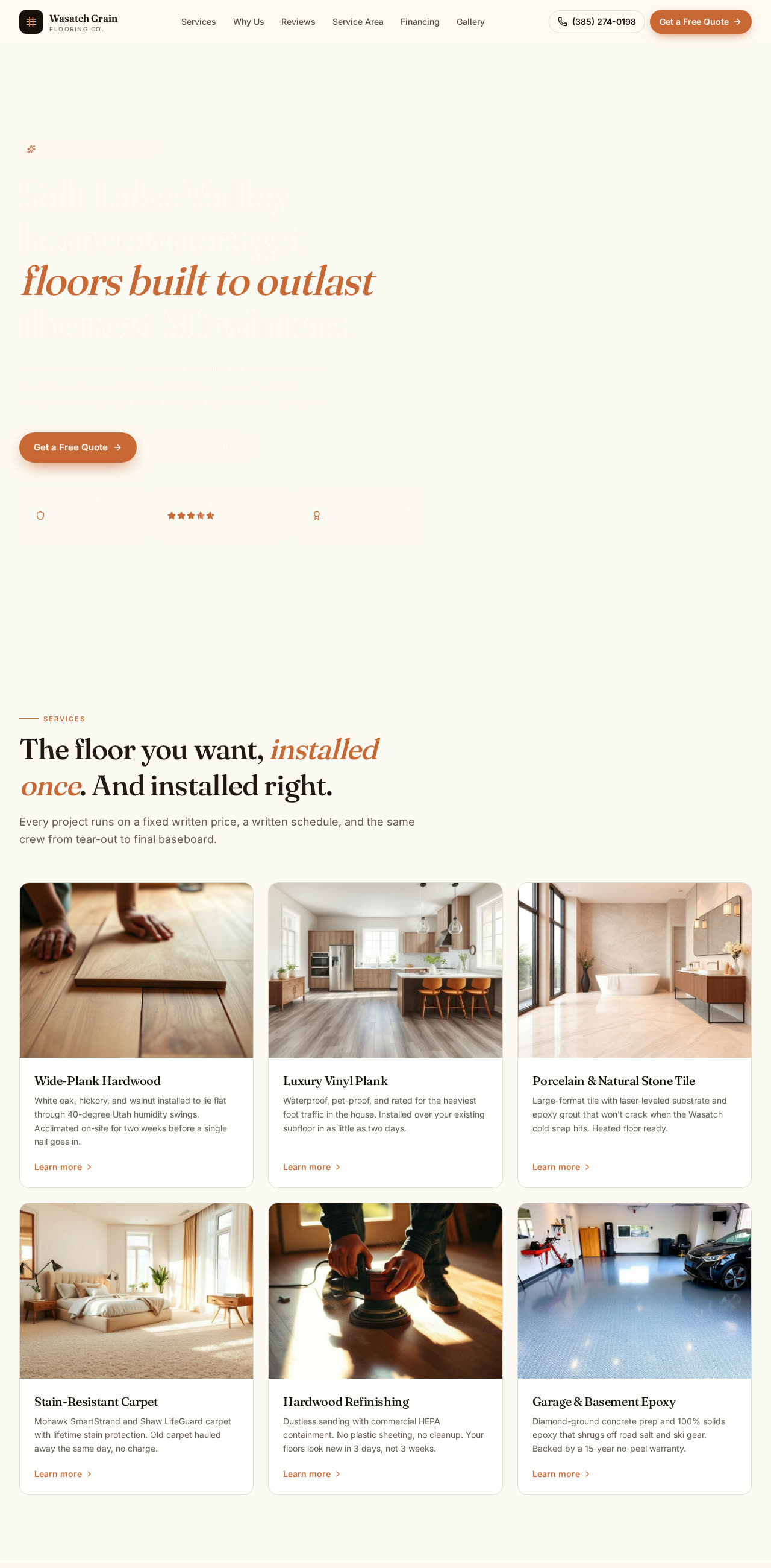 Homepage of Wasatch Grain Flooring Co. website