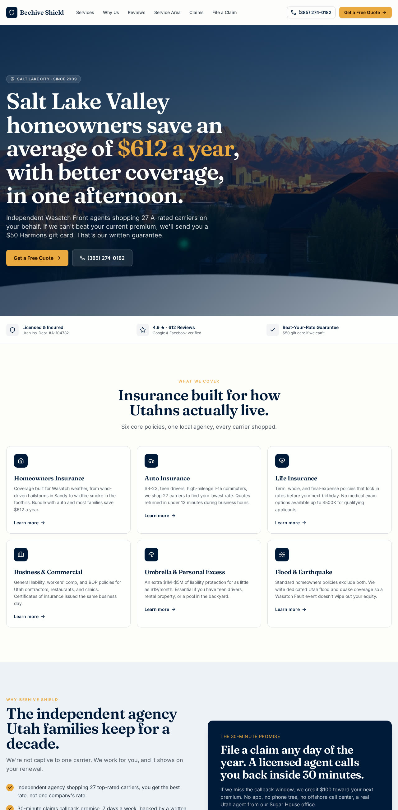 Homepage of Beehive Shield Insurance website