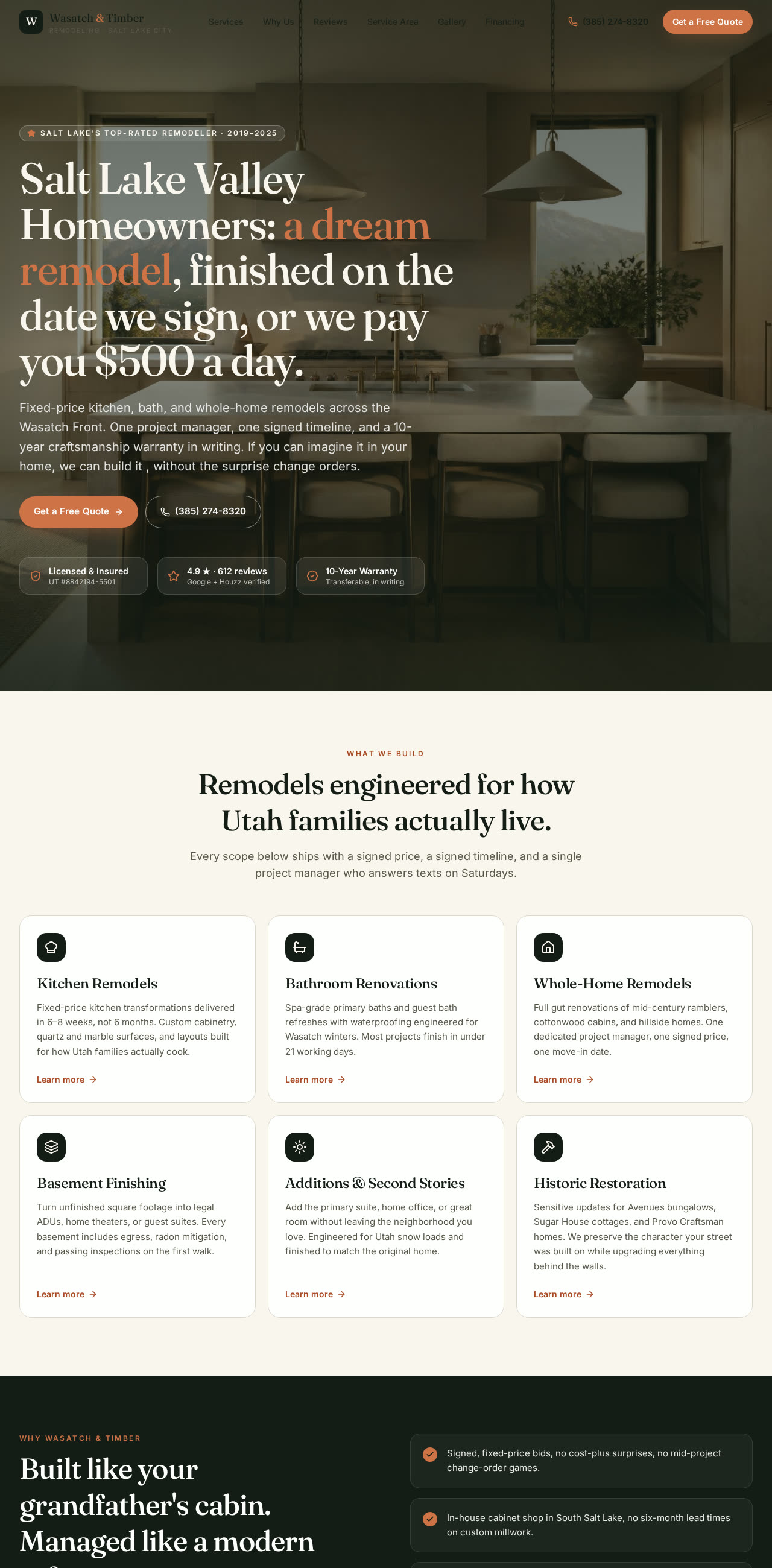 Homepage of Wasatch & Timber Remodeling website